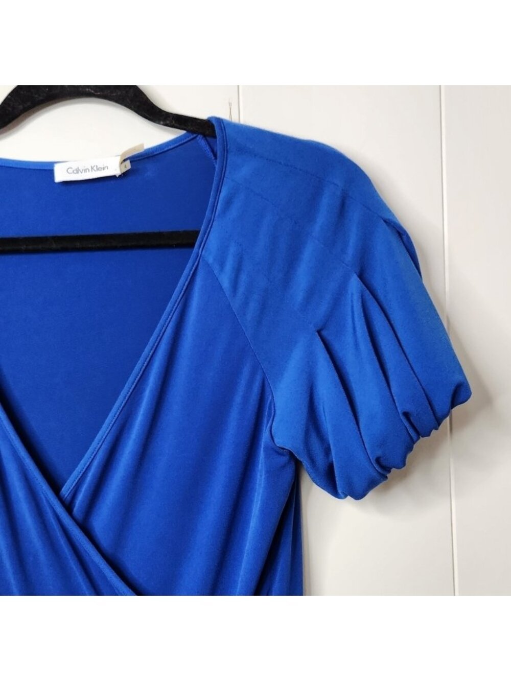 Calvin Klein Blue Short Sleeve Knee Length Dress Stretchy Wrap V-Neck Office - Picture 5 of 11
